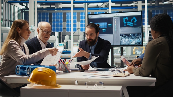 Engineers study detailed schematics of solar panel assembly lines in factory